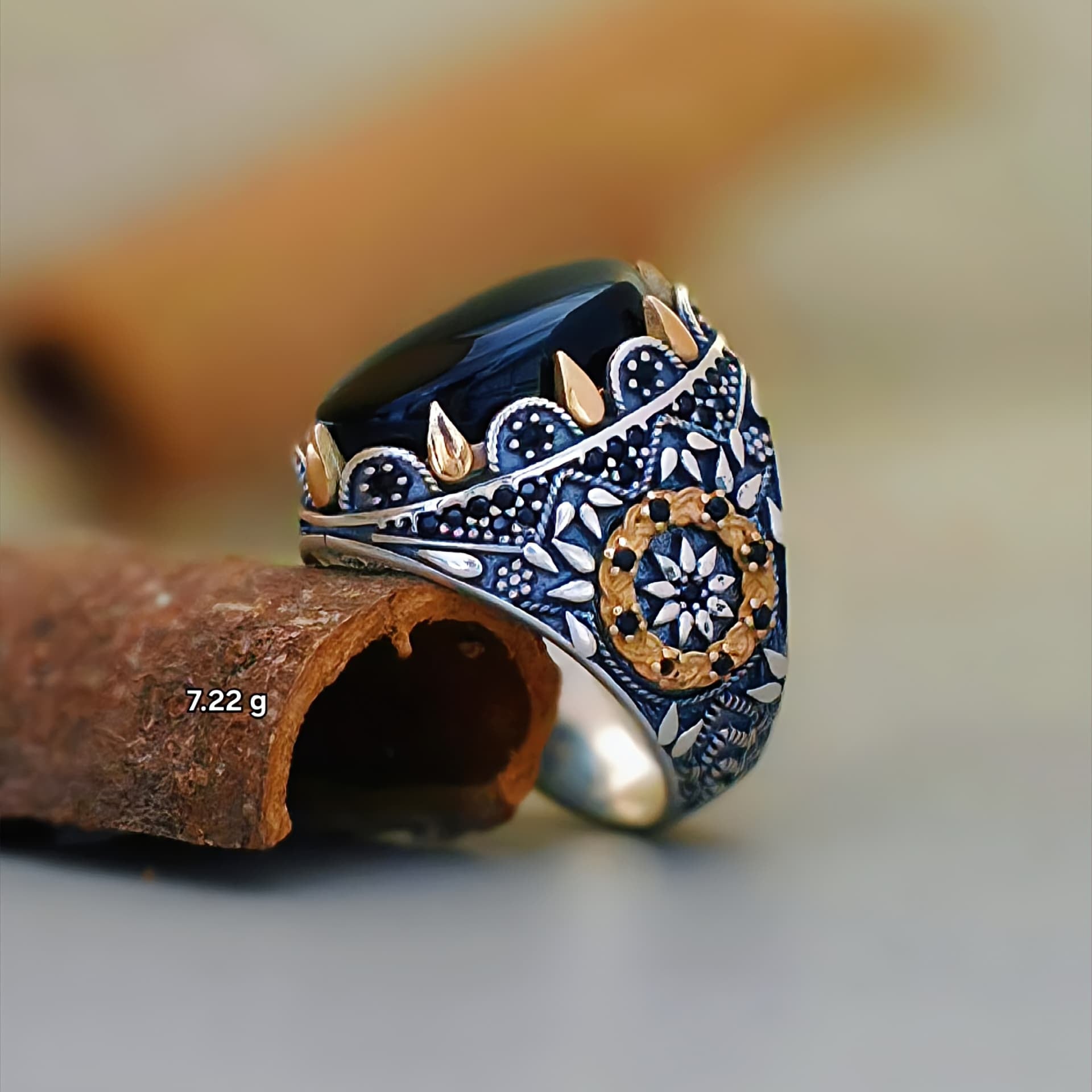 "Royal Engraved Turkish 925 Silver Men’s Ring with Genuine Black Yemeni Agate"