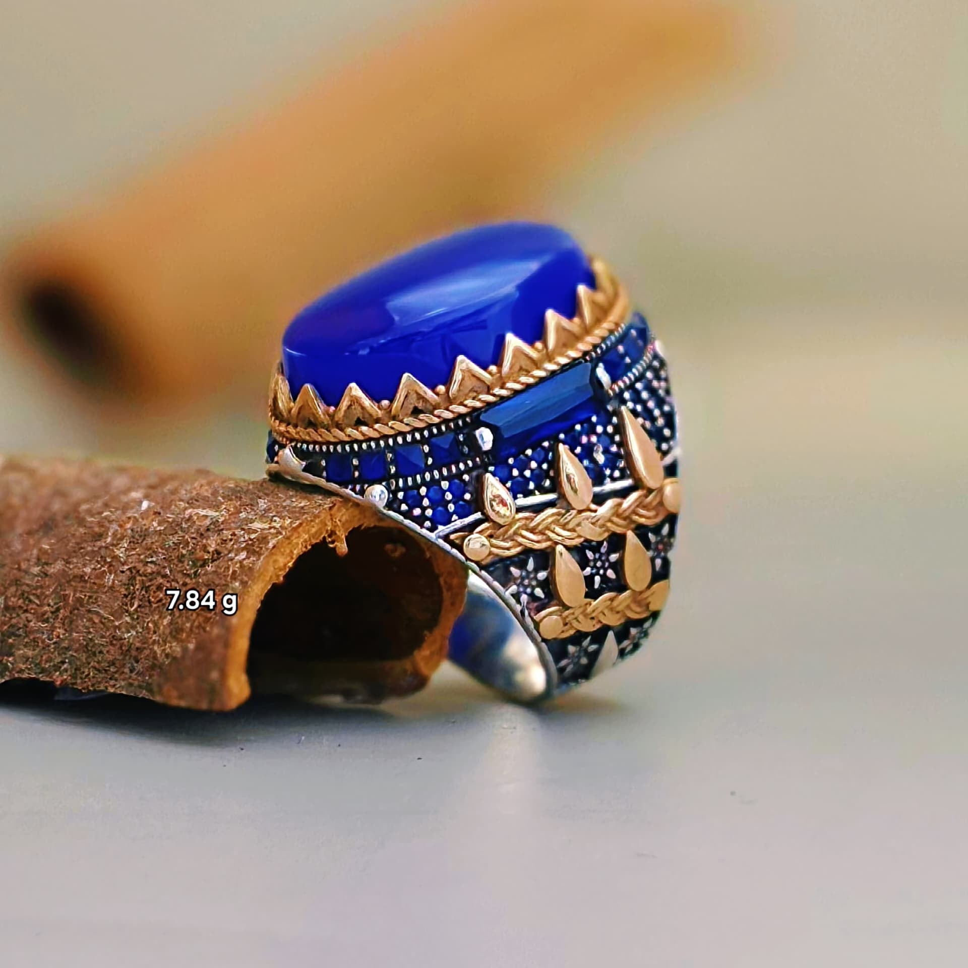 "Turkish 925 Silver Men’s Ring with Blue Enamel and Genuine Blue Yemeni Agate"