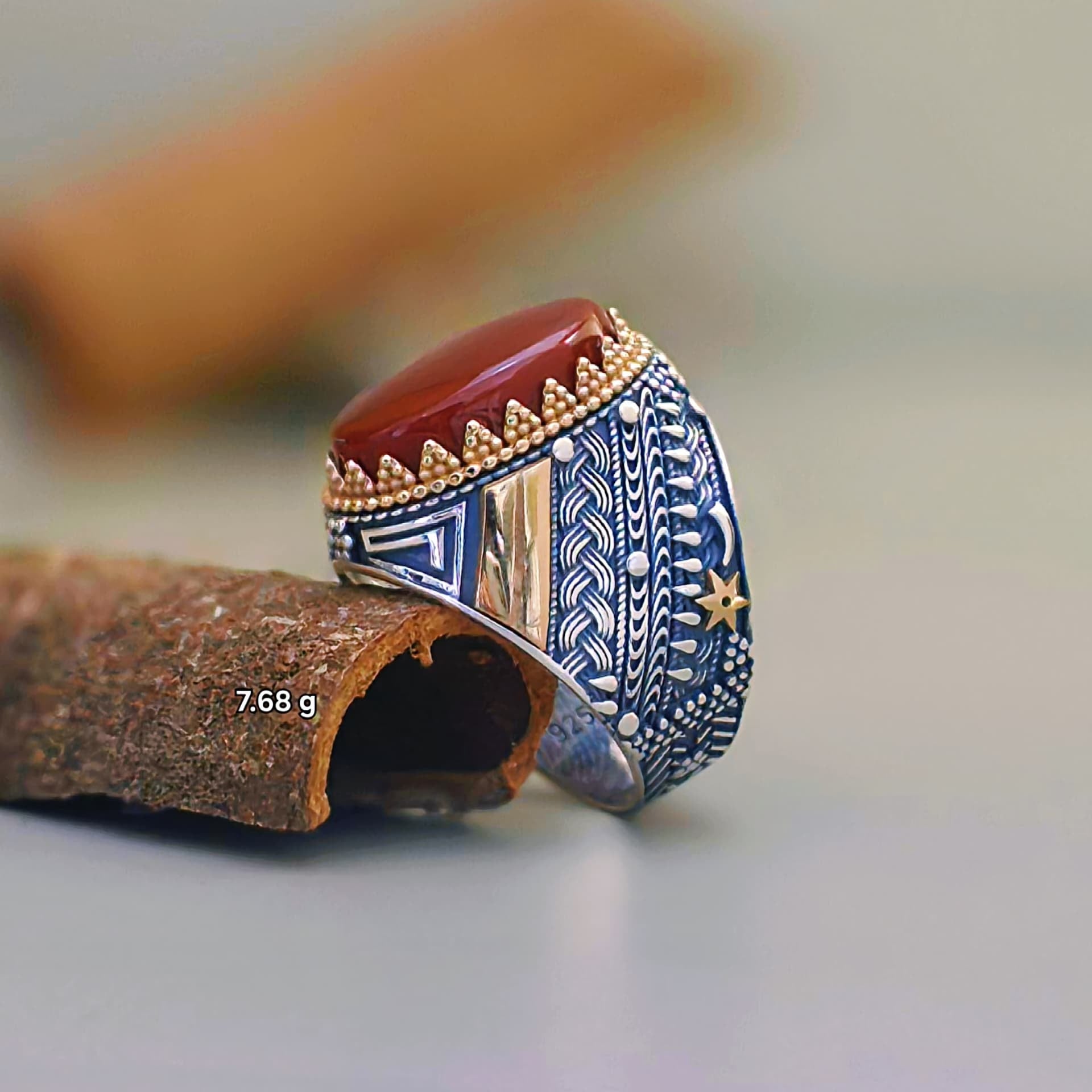 "Turkish 925 Silver Men’s Ring with Genuine Dark Red (Kabdi) Yemeni Agate"