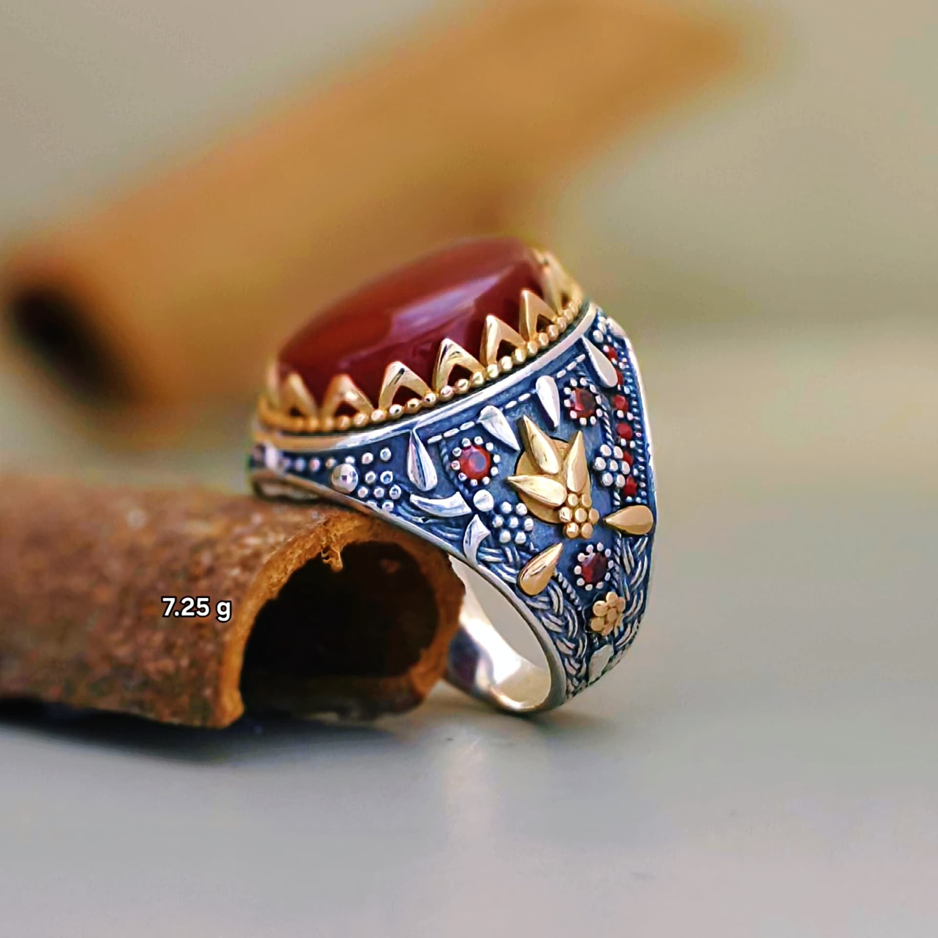 "Royal Turkish 925 Silver Men’s Ring with Genuine Red Yemeni Agate"